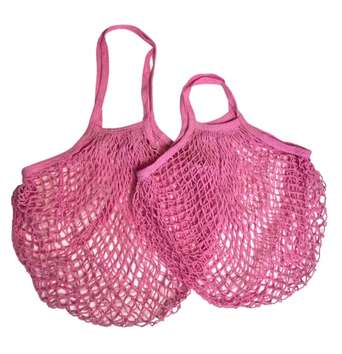Modo Reusable (2 Pack) String Cotton Net Shopping Bags 1 Short & 1 Long Handle Bag Multipurpose Toys Storage (Baby Pink)