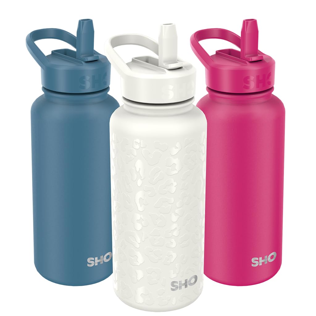 SHO Guzzler Water Bottle with Straw Lid - Leakproof, Dishwasher Safe, BPA Free, No Sweat, Vacuum Insulated Double Walled Stainless Steel Flask, 950ml & 1900ml - 24 Hours Cold (Cream Leopard, 950ml)