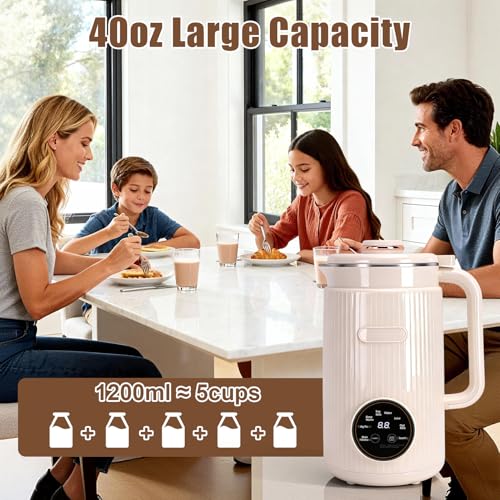HISUEKIG Soy Milk Machine 1200ml, 8 in 1 Nut Milk Maker with 12 Blades, Temperature Control, Self-cleaning Keeping Warm, for Oat Almonds (Beige)