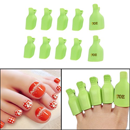 AKOAK 10 Pcs/Lot Reusable Plastic Toenail Art Soak Off Cap Clips UV Gel Polish Remover Wrap Toenail Tools Cleaner Soakers Set for ToenailsGreen