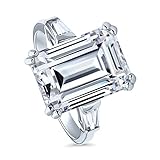 BERRICLE Rhodium Plated Sterling Silver Emerald Cut Cubic Zirconia CZ 3-Stone Engagement Ring