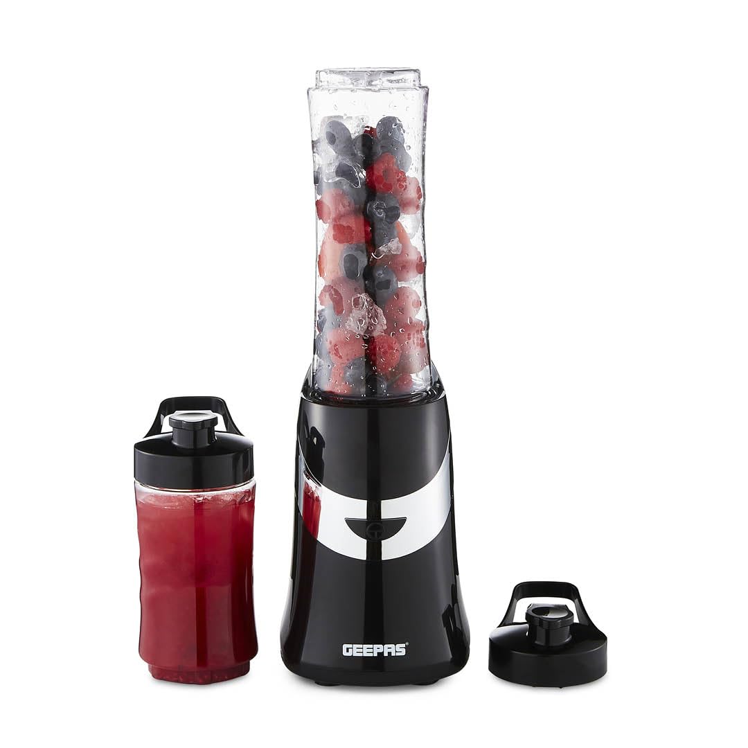 Geepas Personal Blender Smoothie Milkshake Maker - Mini Travel Blender for Protein Shakes with 2 Easy to Clean BPA Free Tritan Sports Bottles with Leak-Proof Lids (350W)
