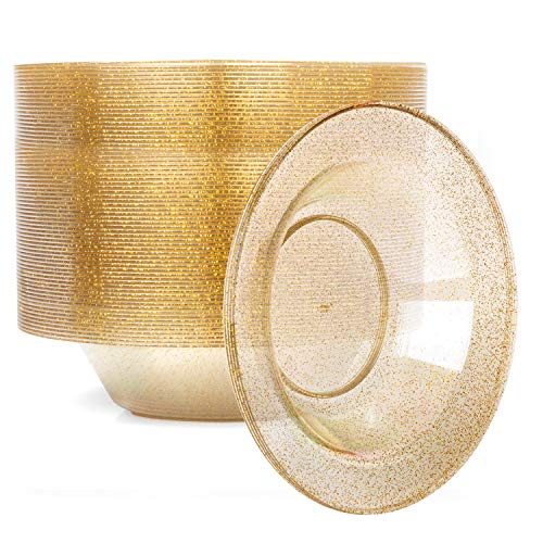 12oz Plastic Bowls Set of 100 - Gold Glitter 12 oz Heavy Duty Dessert Disposable Bowl Pack for Wedding or Party