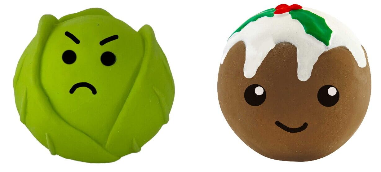 WUNDAPETS 2 PCK DOG LIFE SOFTY LATEX CHRISTMAS PUDDING & SPROUT SQUEAKY DOG PUPPY TOY 8CM