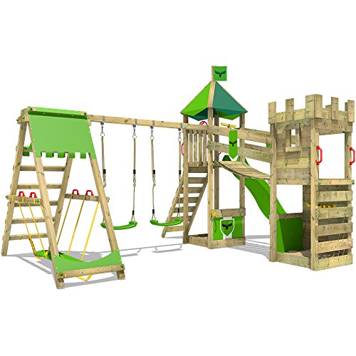 FATMOOSE Spielturm DazzyDuke Duo XXL Ritterburg Klettergerüst mit Surfanbau, Schaukeln, Rutsche und Wackelbrücke – Bild 3