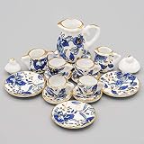 Odoria 1:12 Miniature 15PCS Blue Porcelain Chintz Tea Cup Set with Golden Trim Dollhouse Kitchen Accessories