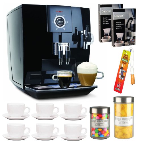 Jura-Capresso 13548 Impressa J6 Automatic Coffee and Espresso Center Piano Black + Home Activated Coffee/ Espresso Descaler + Set Of 6 (3 oz) Ceramic Tiara Espresso Cup and Saucers + Coffee Grinder Dusting Brush + Glass Jar Round Medium + Glass Jar Round Large (Certified Refurbished)