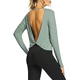 Mippo Womens Open Back Long Sleeve Workout Tops Athletic Gym Shirts with Thumb Hole