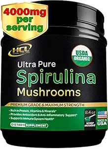Organic Spirulina Powder with Mushrooms Extract – 4000 mg per serv - #1 Green Superfood - Pure Raw Vegan Protein - Natural Multivitamins