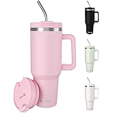 SASEUM 40 oz Tumbler with Handle, Stainless Steel Vacuum Insulated Travel Cup with Leak-Proof Twist Lid and 2 Durable Metal Straws, Double Wall Mug for Hot Coffee, Cold Water, Office or Commute – Pink