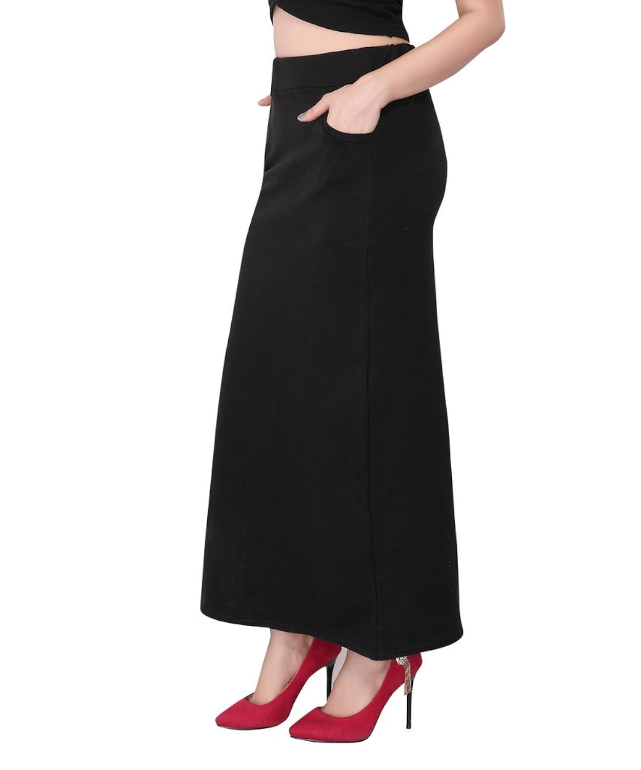 bfly women's cotton hosiery straight skirt -2 front pocket(black)