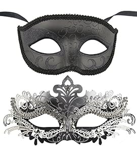 Couple Masquerade Metal Masks Venetian Halloween Costume Mask Mardi Gras Mask (Black+Sliver-Black)