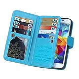 S5 Case, Galaxy S5 Case - EgraceTM 9 Card Slot PU Leather Wallet Case 2 in 1 Magnetic Detachable Back Cover Flip Folio Wallet Magent Case with Strap for Galaxy S5 (2014) (Blue)