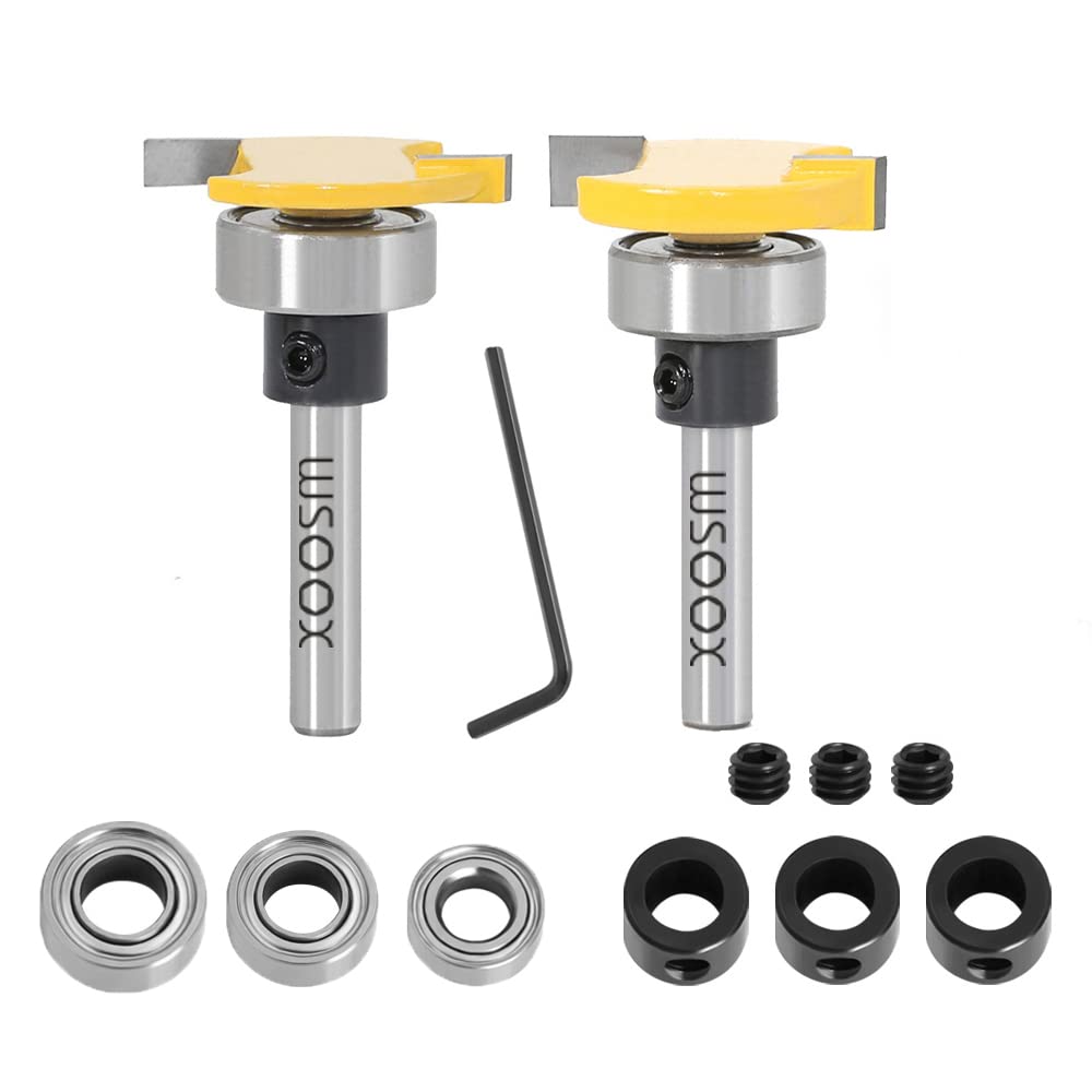 WSOOX Top Bearing Slot Cutting Router Bits Set Biscuit Bit and 1/4 Cutting Height Undercut Bit with 3 Different Size Bearings for Decking Board Installing, Slotting, Biscuiting, Surfacing, Rabbetting