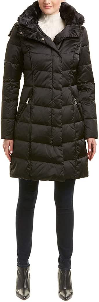 tahari faux fur trim hood long puffer jacket