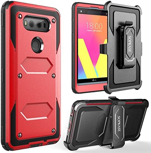 LG V20 Case,SOPKASE [Built-in Screen Protector] Heavy Dual Layer Full-Body Rugged Protection Locking [Belt Swivel Clip] Holster with [Kickstand] For LG V20,Red