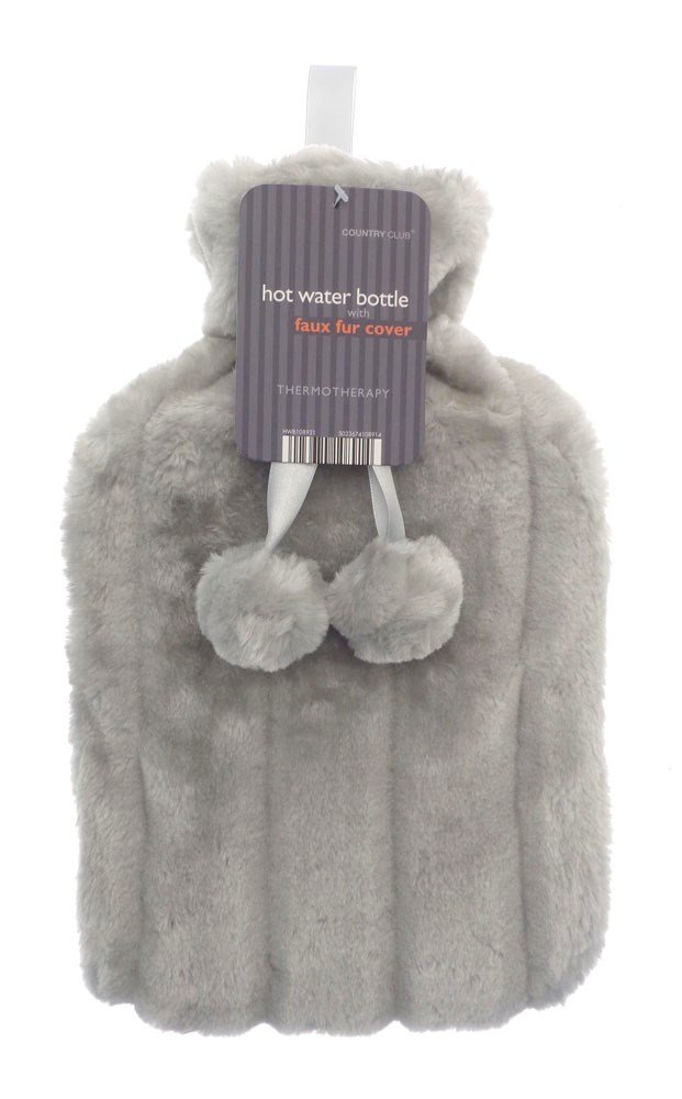 Cosy Large HOT Water Bottle with Faux Fur Cover and POM POMS - Random Selection
