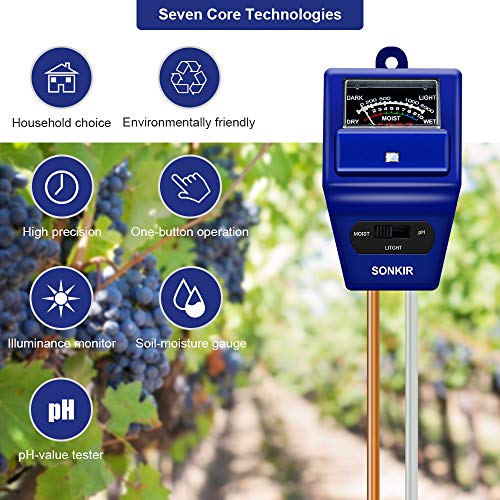 image for Sonkir Soil pH Meter, MS06 3-in-1 Soil Moisture/Light/pH Tester Garden