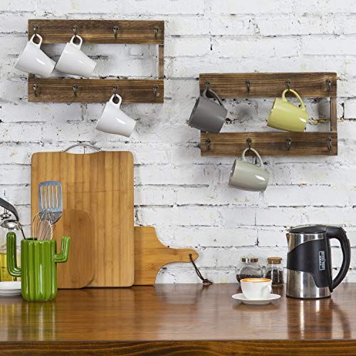 MyGift Wall Mounted Mug Rack Burnt Wood 8Hook Coffee Tea Cup Hanging