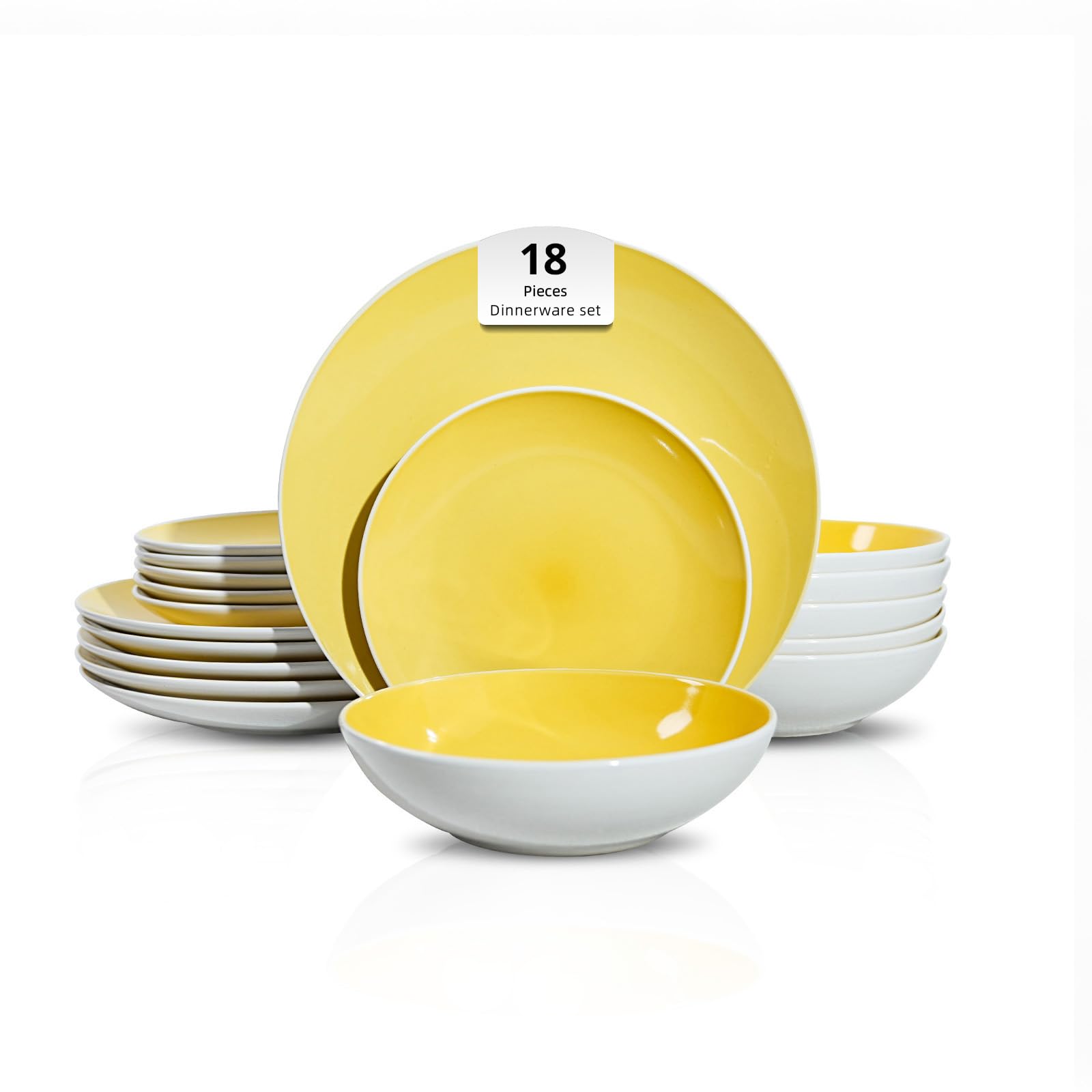 HomeVss Stoneware Coupe 18pc Dinnerware Set, Yellow Inside + White Outside