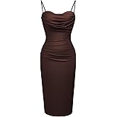 CurvySweet Women's Summer Cowl Neck Ruched Bodycon Midi Dress with Spaghetti Straps and Built-in Bra for Cocktail Party