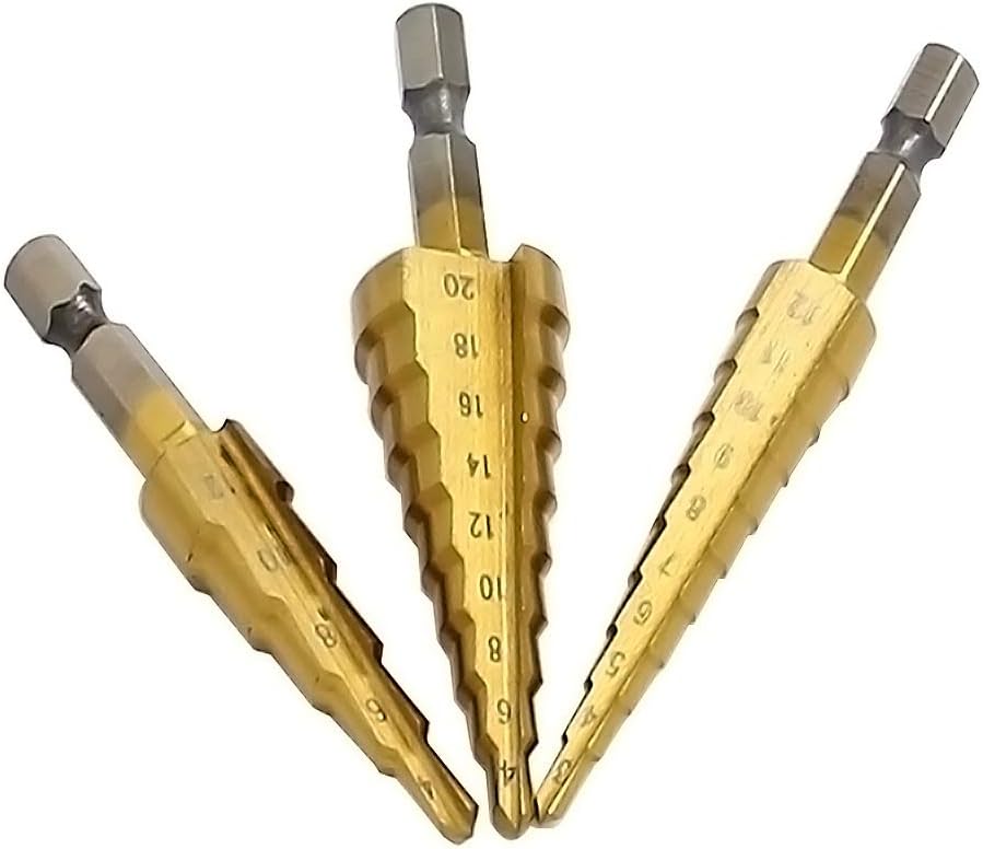 Meichoon HSS Step Drill Bit Set 3 Pcs 3-12mm/4-12mm/4-20mm, Titanium Coated Drilling Tool Multi-Functional Hex Shank DC06