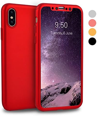 iPhone X Case, iPhone 10 Case, VANSIN 360 Full Body Protection Hard Slim Case Coated Non Slip Matte Surface with Tempered Glass Screen Protector for Apple iPhone X (2017) - Red