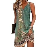 Chvity Womens Boho Dress Summer V Neck Sleeveless Dresses Ethnic Floral Print Sundress Mini Dress
