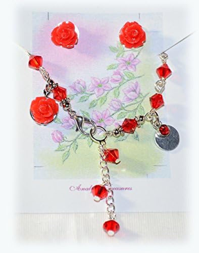 Flower Girl Bracelet in Ruby Swarovski July Birthstone & Rose Earrings Set- Hand Stamp Initials - Wedding / Birthday Gift~ 6 1/2