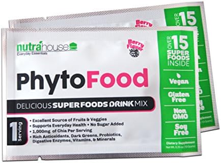 PhytoFood SuperFood Greens Mix with Chia Seeds - 1 Serving Sample. Delicious Berry Flavor and Loaded with Over 15 Super Foods including Spirulina, Chlorella, Alfalfa, Bamboo, Barley Grass and more.