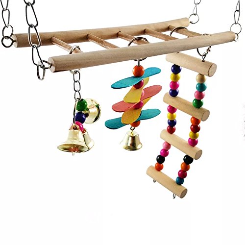 Borange Bird Toys Parrot Ladders Wood Stand Natual Stand Bird Colorful Swing Bridge Wooden Perches for African Grey Parakeet Budgie Cage Accessories