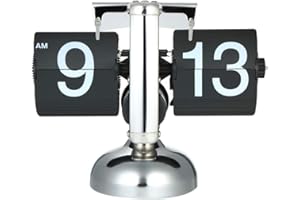 Decdeal Timers, Small Scale Table Clock Retro Flip Over Clock Stainless Steel Flip Internal Gear Operated Quartz Clock Black/