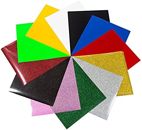 Hagestad Iron on Heat Transfer Vinyl 12 Pack Combo -6 Glitter &amp; 6 Non Glitter Sheets (PU).Perfect For Cameo. Cricut &amp; Silhouette . HTV Sheets for T-Shirts, Garments, Textiles-12"x10"