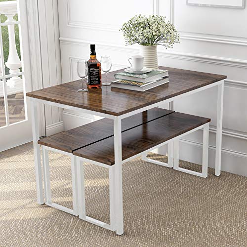 Dining Room Table Set, 3 Pieces Farmhouse Kitchen Table Set with Two Benches, Metal Frame and MDF Board, Modern Furniture for Home, Cafeteria, Apartment and Farm House (Brown)