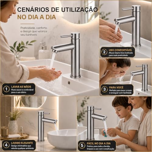 Torneira de Banheiro Luxo, Aço Inox Cromado, Quadrada 1/4 Volta, Bancada Alta, 305mm Altura