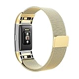 Fitbit Charge 2 Bands Metal, Akale Milanese Loop Stainless Steel Bracelet Smart Watch Strap with Unique Magnet Lock for Fitbit Charge 2 Replacement Wristbands Large Small Gold