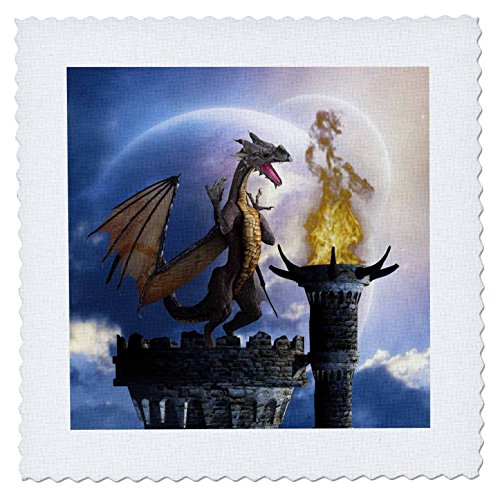 3dRose a Dragon Guard a Castle in The Night a Torch Fire Light Up The Castle - Quilt Square, 10 by 10-Inch (qs_172925_1)