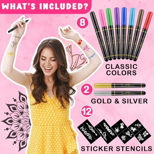 Jim&Gloria Skin Markers Temporary Tattoo Pen 10 Colors with Gold and Silver, Fake Body Paint Tattoos, Christmas Makeup, Face Painting Kit Teen Girl Gifts Trendy Stuff Adults Kids Birthday Gift