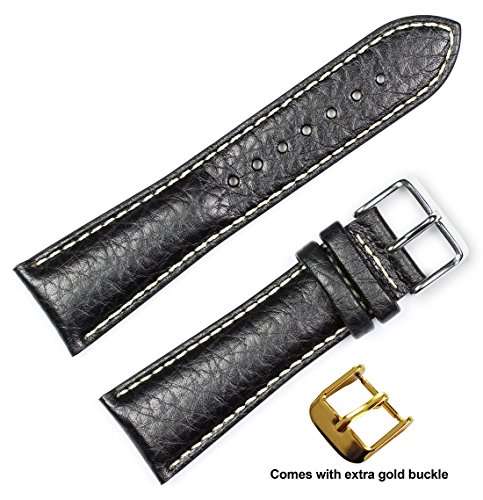 deBeer brand Sport Leather Watch Band (Silver & Gold Buckle) - Black 20mm