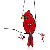Soaoo Cardinal Gifts Red Cardinal Stained Glass Bird Suncatcher for Women Stained Glass Window Hanging Ornament Suncatcher Handmade Bird Decor Memorial Gift for Mom Grandma Nana(Sitting)