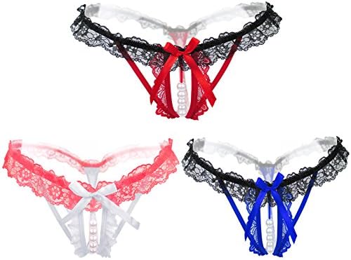 Kollway Womens Thongs Lace Pearl G-Strings Sexy Panties One Size (Red+White+Blue/3Pack)
