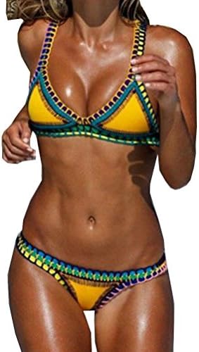 Womens Crochet Neoprene Bikini Set Triangle Two Pieces Knitting Swimwear Bathing Suit (Yellow, S)