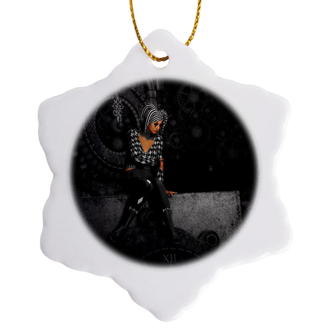 3dRose a Sad Gothic Harlequin Sits on a Clock It is 5 Minutes Before 12" Snowflake Ornament, Porcelain, Multi-Colour, 3-Inch