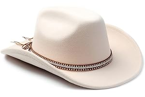 LolliWeaver Women Men Fashion Wide Brim Teardrop Crown Felt Western Cowboy Cowgirl Hat with Silver Studs Leather Hat Band