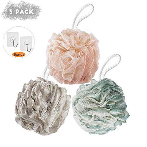 Loofah Bath Sponge, Juya 75g XL Shower Sponge Pouf Ball Set, Colorful Shower Exfoliationg Body Scrubber for Family (3 Pack)