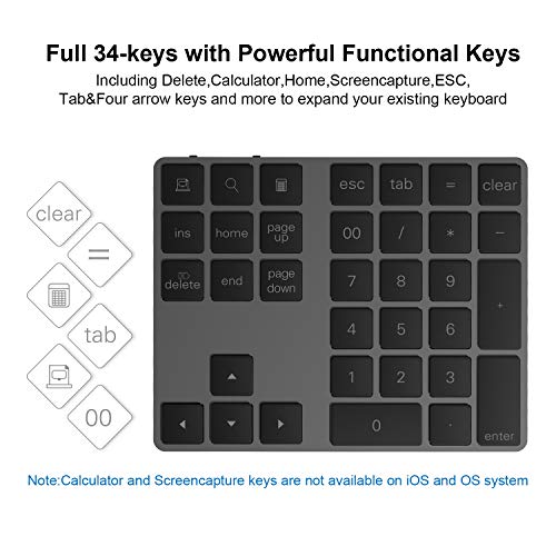 Cateck Bluetooth Numeric Keypad, Aluminum Wireless Bluetooth 34-Key Number pad with Multiple Shortcuts for Computer Laptop Windows Surface Pro Apple iMac MacBook iPad Android Tablet Smartphone- Black