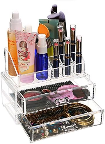 Dorfin Acrylic Makeup Organizer Cosmetics Storage Case Display Sets 2 Drawers with 9 Top Compartments Space- Saving -7.2" x 4.0" x 6.0"