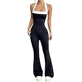 WDIRARA Women's Halter Neck Sleeveless Flare Jumpsuits Knot Backless Pants Romper