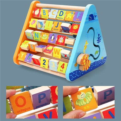 AM ANNA Activity Centre Triangle Toys, 5 in 1 Wooden Cube for Toddlers With Flop Alphabet Blocks, Abacus Clock - Montessori Learning Toys for Babies