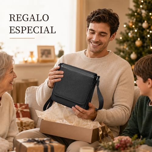 Eshow Genuine Leather Crossbody Bags for Men, RFID Blocking Anti-Theft Bag for Work University Business Travel and Urban Commuting, Black/White, Formal | Bolso Antirrobo para Trabajo Universidad Negocio Viajes y Desplazamientos Urbanos